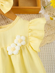 Casual Flower Flying Sleeve Dress + Hair Tie Two-Piece Set