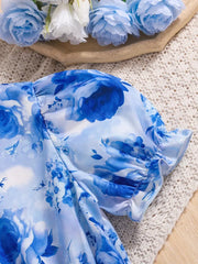 Summer Bubble Sleeve Butterfly Print Pleated Belted Dress