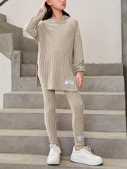 2pcs Ribbed Knit Long Sleeve Top + Pants Set