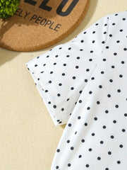 Three-Piece Bow Polka Dot Short Sleeve Shirt + Gray Shorts with Straps + Hat