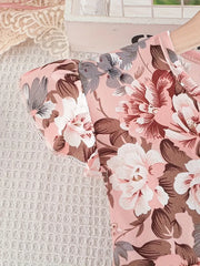 Elegant Floral Print for Lotus Sleeve Mid-Long Dress + Belt