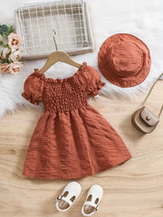 Bubble Sleeve Plain Color Dress with Cute Hat Two-piece Set