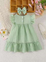Casual Flower Flying Sleeve Dress + Hair Tie Two-Piece Set