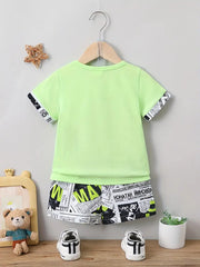 Letter & Motorcycle Print Casual Outfit Round Neck T-shirt & Shorts & Crossbody Bag