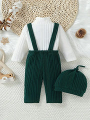 3pcs Forest Style Solid Color Long Sleeve Top + Ribbed Overalls + Hat Set