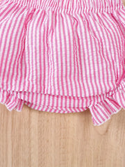 2pcs Charming Striped Bubble Cami Top with Bow & Ruffled Shorts Summer Outfit Set