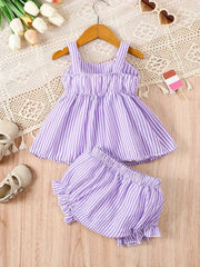 2pcs Charming Striped Bubble Cami Top with Bow & Ruffled Shorts Summer Outfit Set