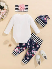 Letter Of Love Print Long Sleeve Bodysuit Top Floral Pants Set