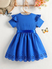 Ruffled Collar Bow Belt & Eyelet Lace Detailing Short Sleeve Dress