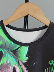 1Round Neck Short-Sleeved T-Shirt + Lion Pattern Positioning Print Tapered Trousers