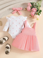 Long Sleeve Heart Print Dress with Matching Headscarf + Paisley Print Skirt Three-Piece Set