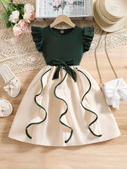 Casual Round Neck Fit and Flare Apricot Ruffle Sleeve Dress