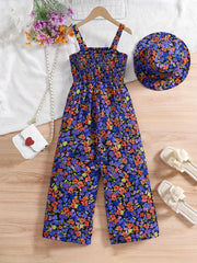 Floral Print Sleeveless Jumpsuit with Matching Beach Hat