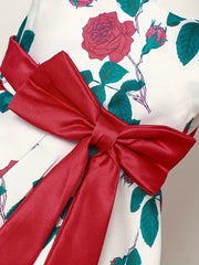 Slim-Fit Bodice & Flared Rose Floral Print Dress with Red Ribbon Belt Skirt