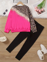 Leopard Print Pattern Round Neck Rose Red Long Sleeve Top & Pants