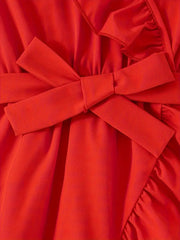 Solid Color Polyester Knee-Length Casual Dress Sleeveless V-Neck Dress with Ruffle Detail and Belt
