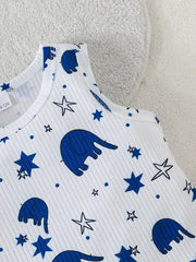 Sleeveless Round Neck Cute Elephant Print Vest + Letter Embroidered Decorative Shorts Set