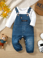 Cartoon Imitation Denim Jumpsuit Pattern Casual Long Sleeve Romper