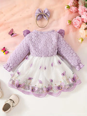 Floral Lace Dress with Ruffled Sleeves & Flared Skirt