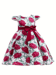 Slim-Fit Bodice & Flared Rose Floral Print Dress with Red Ribbon Belt Skirt