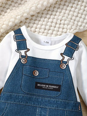 Cartoon Imitation Denim Jumpsuit Pattern Casual Long Sleeve Romper