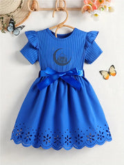 Ruffled Collar Bow Belt & Eyelet Lace Detailing Short Sleeve Dress