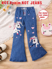 Unicorn Imitation Denim Digital Print Flared Pants