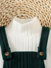 3pcs Forest Style Solid Color Long Sleeve Top + Ribbed Overalls + Hat Set