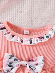 Baby Girls Cute Casual Ruffled Stitching Flower Ribbed Dress & Bow Headband Set