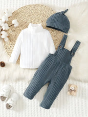 3pcs Forest Style Solid Color Long Sleeve Top + Ribbed Overalls + Hat Set