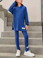 2pcs Ribbed Knit Long Sleeve Top + Pants Set