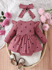 Long Sleeve Ribbed Dress with Heart Pattern & Bow Headband