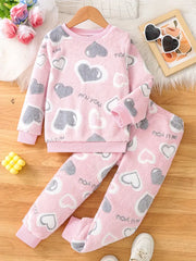 2pcs Spring and Autumn Round Neck Love Plush Hoodie Trousers Set