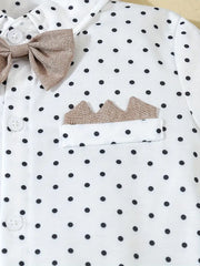 Three-Piece Bow Polka Dot Short Sleeve Shirt + Gray Shorts with Straps + Hat