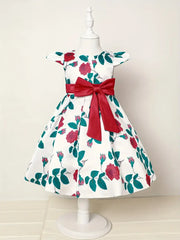 Slim-Fit Bodice & Flared Rose Floral Print Dress with Red Ribbon Belt Skirt