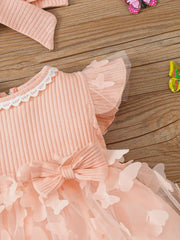 2pcs Cute Butterfly Decor Flutter Sleeve Lace Trim Princess Dress & Headband Set