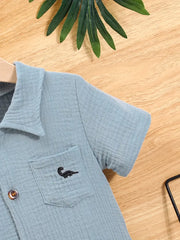 Casual Short Sleeve Dinosaur Embroidered Cotton Romper