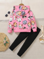 Two-piece Cute Cat Print Hooded Long Sleeve Top & Long Pants