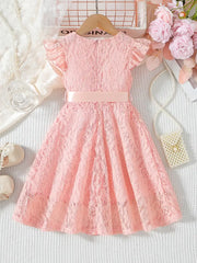 Lace Round Neck Small Flutter Sleeve Zipper Sweet Cute Dress with Belt