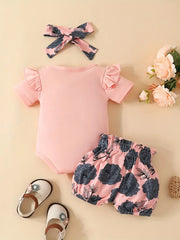 3pcs Short-Sleeved Shorts Suit With Letter Top Printed Pants