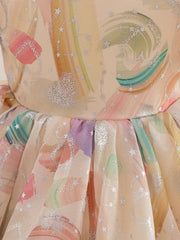 Pearl-Embellished Round Neck Short Sleeve Dress with Ruffled Bubble Cuffs & Bow Waist