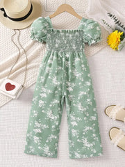 Floral Print Summer Jumpsuit with Puff Sleeves