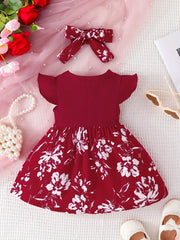 Baby Flying Sleeve Print Skirt + Headscarf Two-piece Set