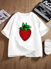 Casual Round Neck with Cute Strawberry Soft Cotton Knit T-Shirt