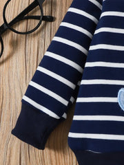 2pcs Striped Elephant Pattern Long Sleeve Top & Denim Trousers Set
