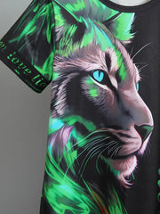 1Round Neck Short-Sleeved T-Shirt + Lion Pattern Positioning Print Tapered Trousers