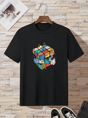 Geometric Cube Print, Casual Crew Neck T-Shirt