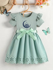 Ruffled Collar Bow Belt & Eyelet Lace Detailing Short Sleeve Dress