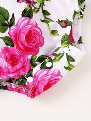 Cute Flying Sleeves and Rose Print Newborn Romper with Headwear Set