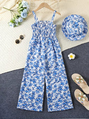 Floral Print Sleeveless Jumpsuit with Matching Beach Hat